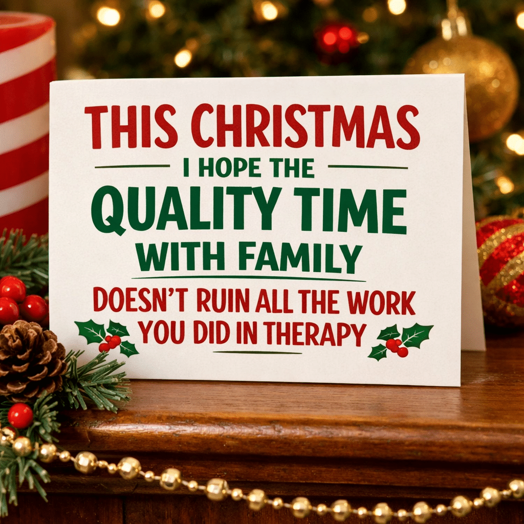 A close-up of a humorous Christmas card on a festive mantelpiece that reads, “THIS CHRISTMAS I HOPE THE QUALITY TIME WITH FAMILY DOESN’T RUIN ALL THE WORK YOU DID IN THERAPY.”.